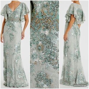 MAC DUGGAL 67842 Womens Green Bell Sleeve Floral Embellished Gown